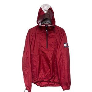 Vintage VTG Tommy Hilfiger Men's Red Hooded Pullover 1/4 Zip Jacket Size Large